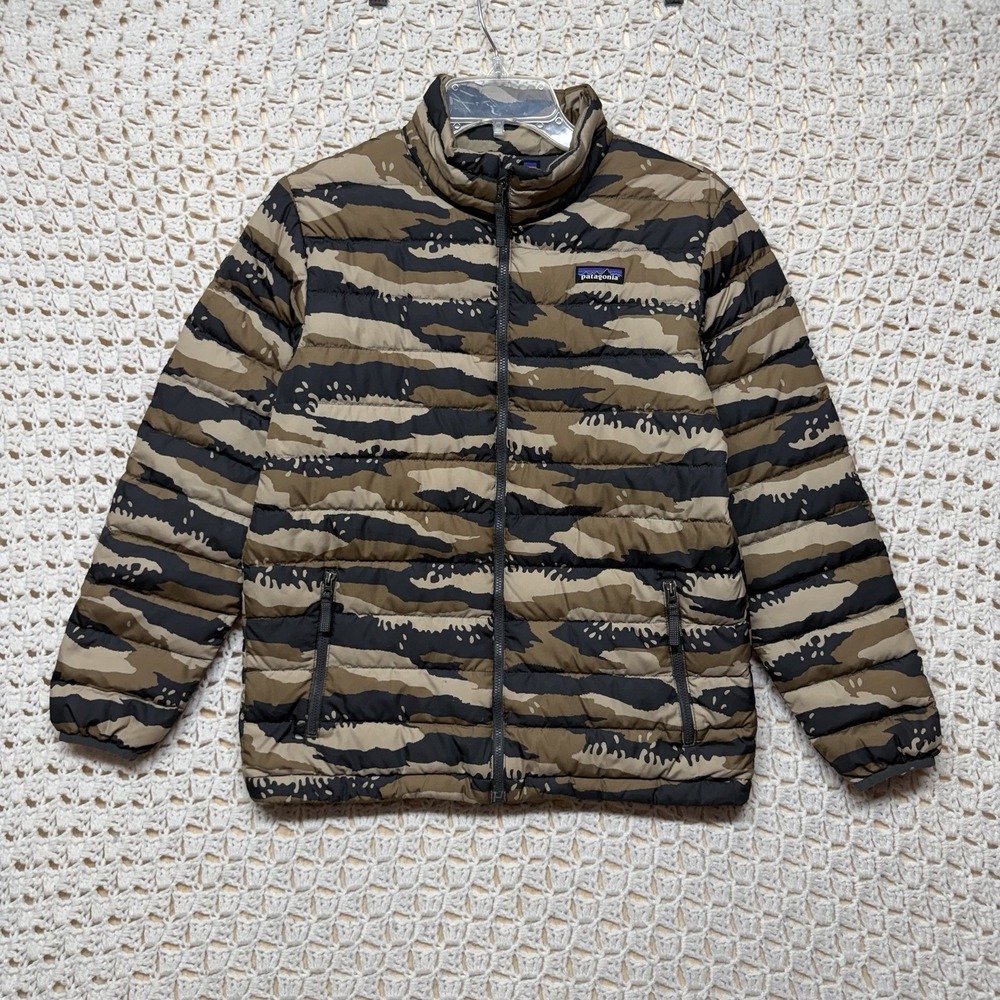 Patagonia Down Sweater Kids XL 14 Camo Stripe Puffer Jacket Full Zip Pockets